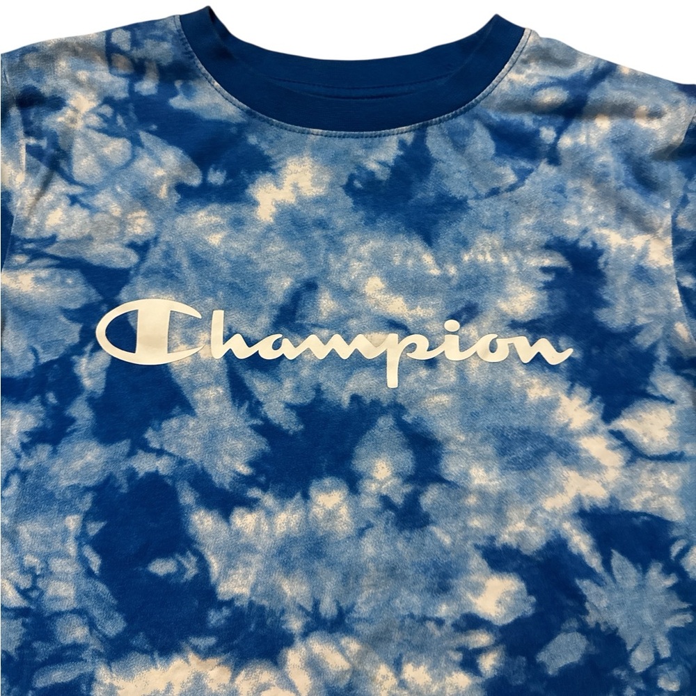 Champion Youth Boys‎ Blue Tie Dye T-Shirt Size Large Spell Out Champion Shirt